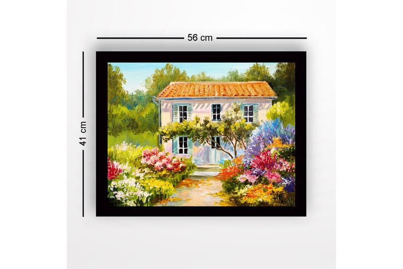 Inramad Canvastavla i trä - 41x56 cm - Vacker villa omgiven av blomstrande trädgård - Grön / Rosa / Gul - Inredning - Tavlor & konst
