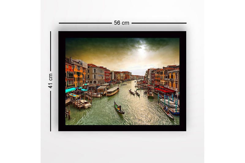 Inramad Canvastavla i trä - 41x56 cm - Vacker vy över en kanal i Venedig med färgglada byggnader och gondoler - Grön / Orange / Blå - Inredning - Tavlor & konst