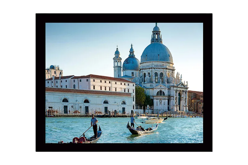 Inramad Canvastavla i trä - 41x56 cm - Vacker vy av venetianska gondoler vid en historisk byggnad - Blå / Vit / Grå - Inredning - Tavlor & konst