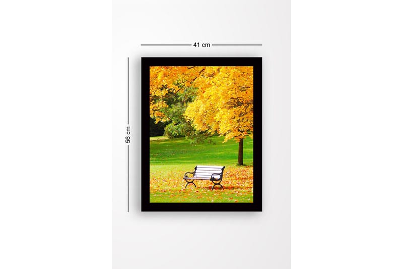 Inramad Canvastavla i trä - 41x56 cm - Vacker parkbänk omgiven av gyllene höstlöv - Guld / Grön / Svart - Inredning - Tavlor & konst