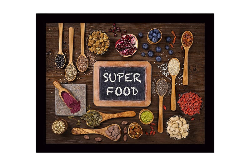 Inramad Canvastavla i trä - 41x56 cm - Variation av superfoods arrangerade på en träyta - Grön / Brun / Svart - Inredning - Tavlor & konst