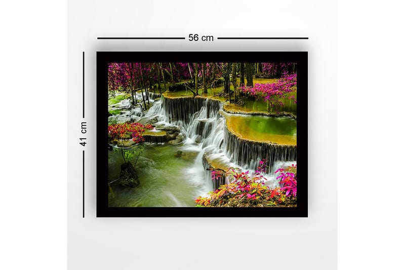 Inramad Canvastavla i trä - 41x56 cm - Vattenfall omgiven av färgglada blommor och grönska - Grön / Rosa / Gul - Inredning - Tavlor & konst