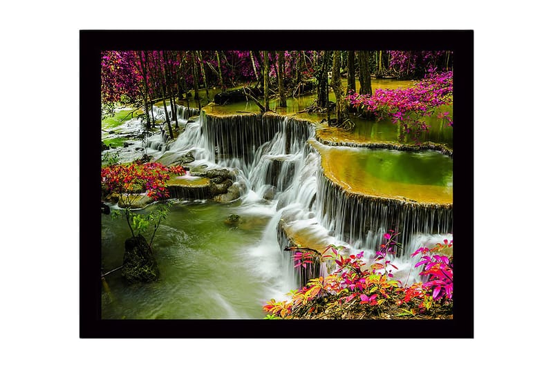 Inramad Canvastavla i trä - 41x56 cm - Vattenfall omgiven av färgglada blommor och grönska - Grön / Rosa / Gul - Inredning - Tavlor & konst