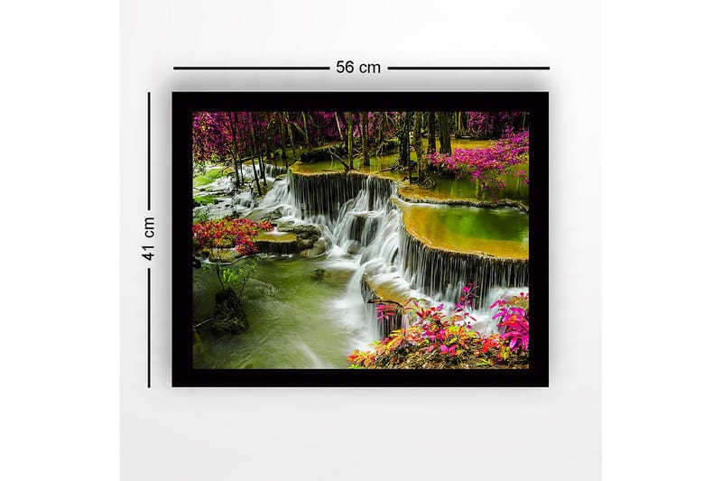 Inramad Canvastavla i trä - 41x56 cm - Vattenfall omgiven av färgglada blommor och grönska - Grön / Rosa / Gul - Inredning - Tavlor & konst