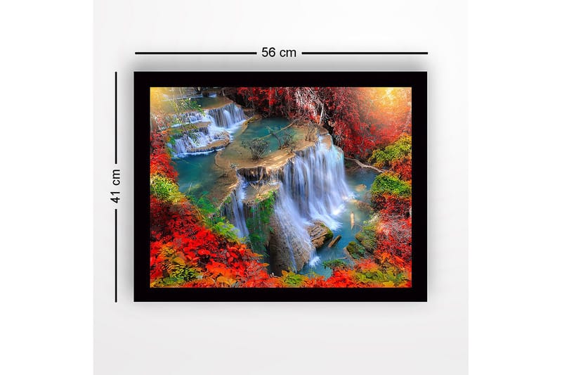 Inramad Canvastavla i trä - 41x56 cm - Vattenfall omgivna av färgglada höstlöv - Röd / Grön / Blå - Inredning - Tavlor & konst