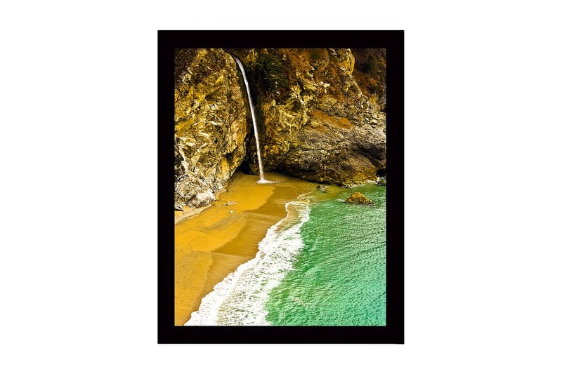 Inramad Canvastavla i trä - 41x56 cm - Vattenfall som rinner ner i en strandvik omgiven av klippor - Guld / Turkos / Grå - Inredning - Tavlor & konst