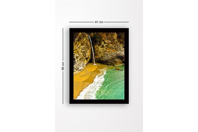 Inramad Canvastavla i trä - 41x56 cm - Vattenfall som rinner ner i en strandvik omgiven av klippor - Guld / Turkos / Grå - Inredning - Tavlor & konst