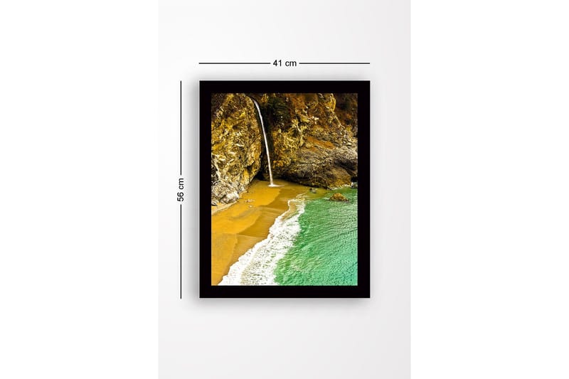 Inramad Canvastavla i trä - 41x56 cm - Vattenfall som rinner ner i en strandvik omgiven av klippor - Guld / Turkos / Grå - Inredning - Tavlor & konst