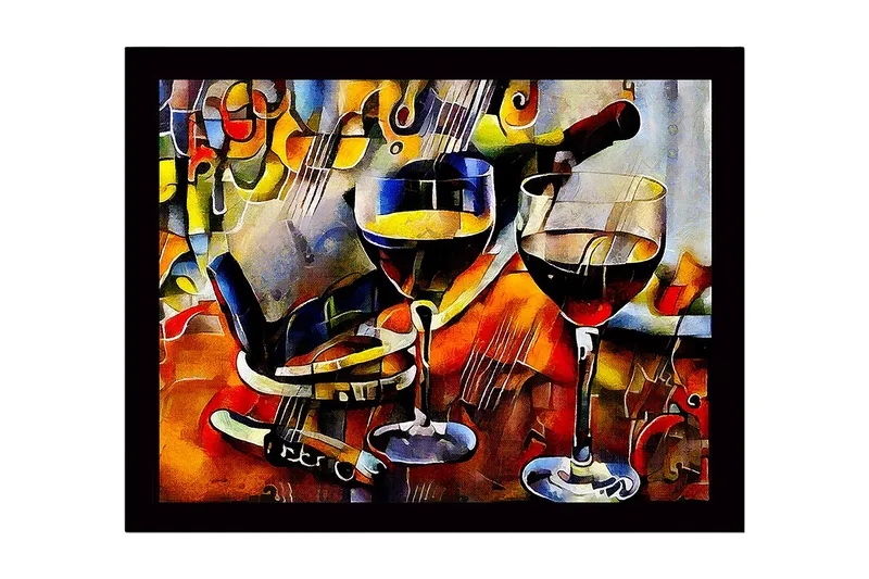 Inramad Canvastavla i trä - 41x56 cm - Vinkaraff och glas med vin i en livlig komposition, Guld / Röd / Blå