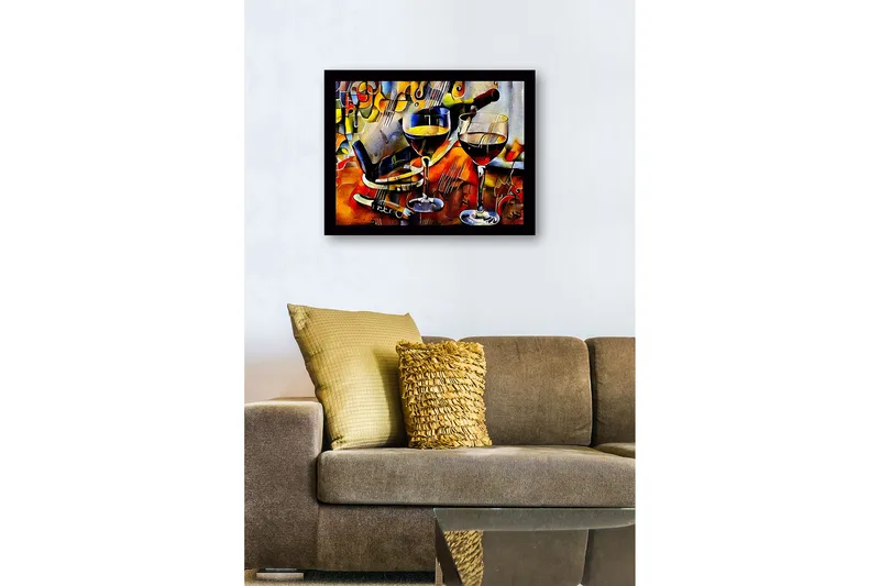 Inramad Canvastavla i trä - 41x56 cm - Vinkaraff och glas med vin i en livlig komposition - Guld / Röd / Blå - Inredning - Tavlor & konst