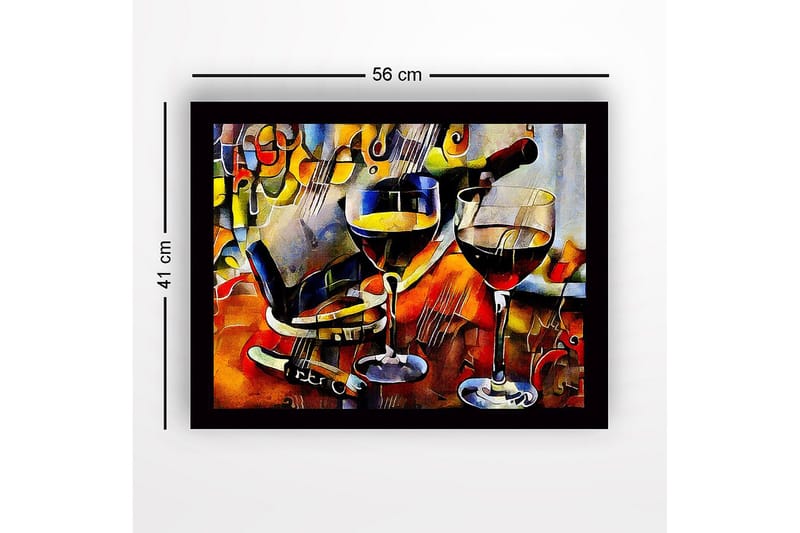 Inramad Canvastavla i trä - 41x56 cm - Vinkaraff och glas med vin i en livlig komposition - Guld / Röd / Blå - Inredning - Tavlor & konst