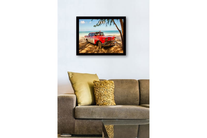 Inramad Canvastavla i trä - 41x56 cm - Vintage bil vid stranden med en tropisk bakgrund - Röd / Grå / Svart - Inredning - Tavlor & konst