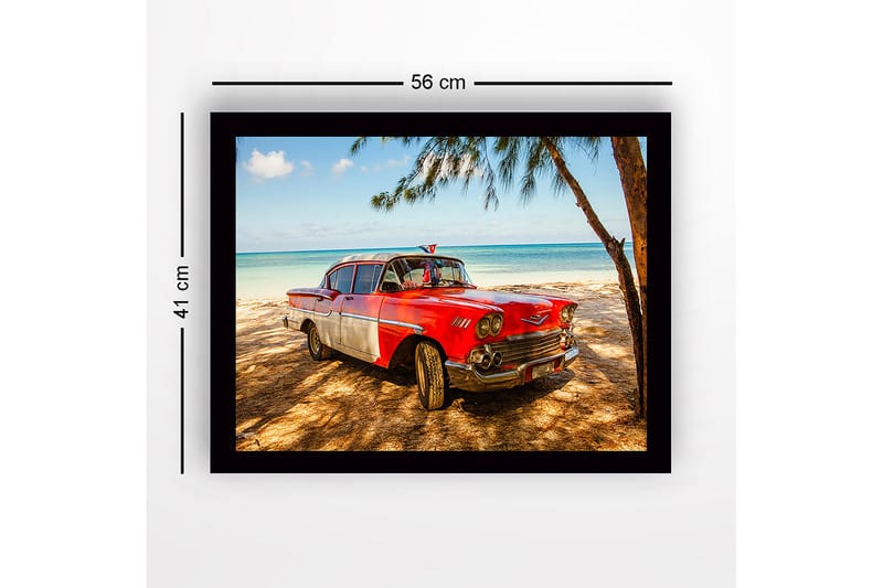 Inramad Canvastavla i trä - 41x56 cm - Vintage bil vid stranden med en tropisk bakgrund - Röd / Grå / Svart - Inredning - Tavlor & konst