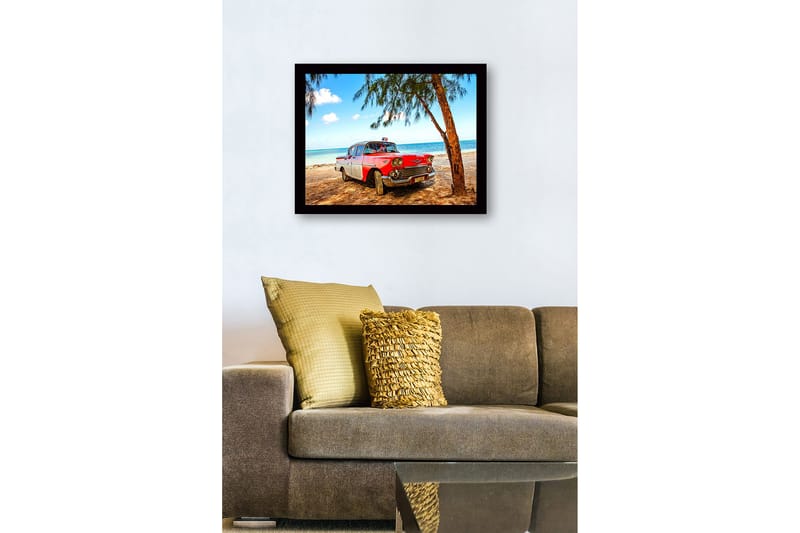 Inramad Canvastavla i trä - 41x56 cm - Vintage bil vid stranden med palmer i bakgrunden - Röd / Vit / Grå - Inredning - Tavlor & konst