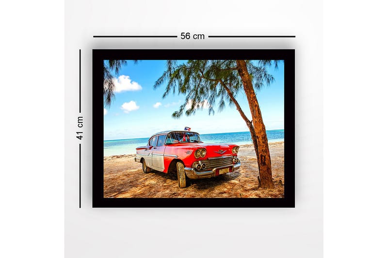 Inramad Canvastavla i trä - 41x56 cm - Vintage bil vid stranden med palmer i bakgrunden - Röd / Vit / Grå - Inredning - Tavlor & konst