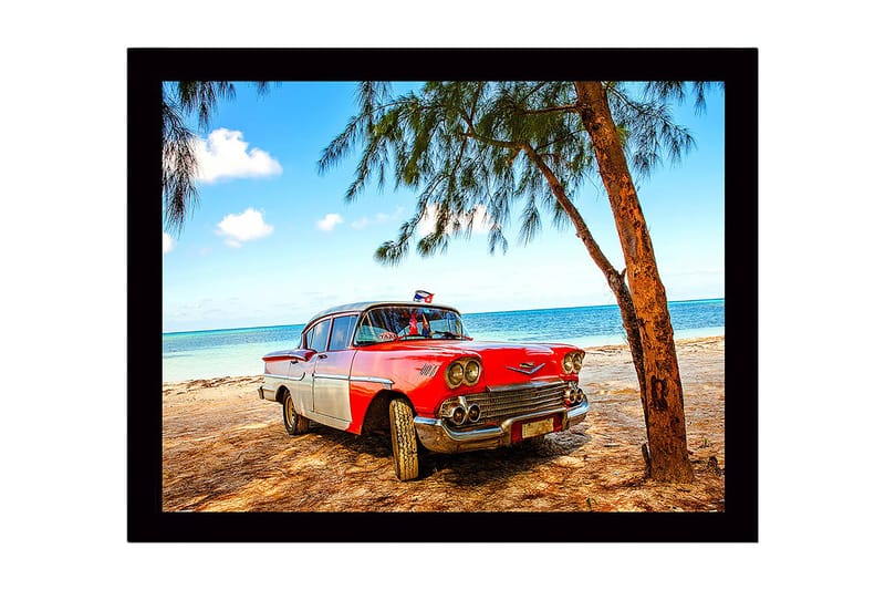 Inramad Canvastavla i trä - 41x56 cm - Vintage bil vid stranden med palmer i bakgrunden, Röd / Vit / Grå