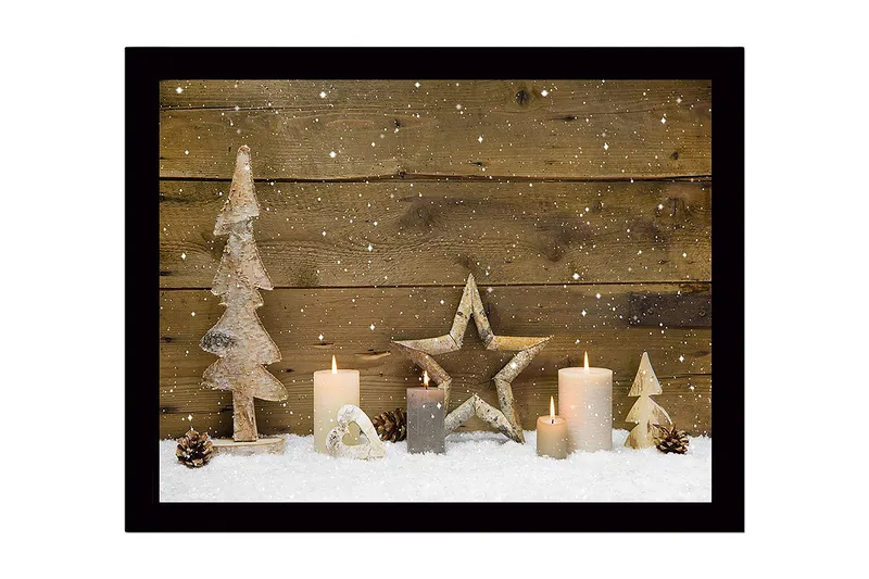 Inramad Canvastavla i trä - 41x56 cm - Vinterlandskap med dekorationer av träd och ljus, Vit / Beige / Brun