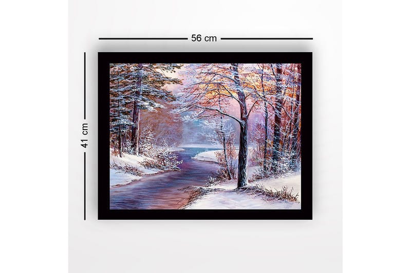 Inramad Canvastavla i trä - 41x56 cm - Vinterlandskap med en fridfull flod och snöklädda träd - Blå / Vit / Rosa - Inredning - Tavlor & konst