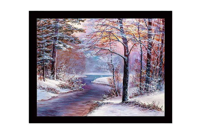 Inramad Canvastavla i trä - 41x56 cm - Vinterlandskap med en fridfull flod och snöklädda träd - Blå / Vit / Rosa - Inredning - Tavlor & konst