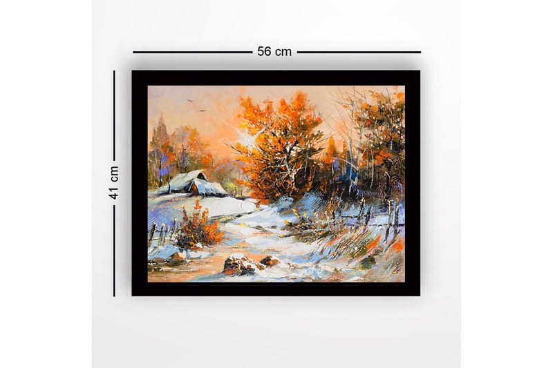 Inramad Canvastavla i trä - 41x56 cm - Vinterlandskap med snöklädda träd och en stuga i bakgrunden - Orange / Vit / Blå - Inredning - Tavlor & konst