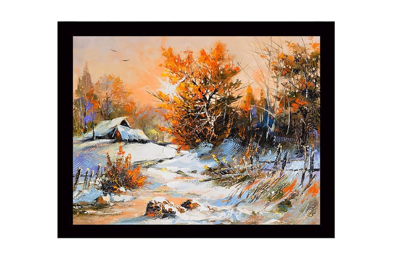 Inramad Canvastavla i trä - 41x56 cm - Vinterlandskap med snöklädda träd och en stuga i bakgrunden, Orange / Vit / Blå