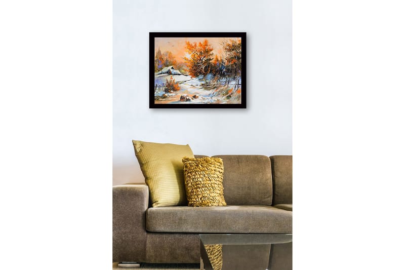 Inramad Canvastavla i trä - 41x56 cm - Vinterlandskap med snöklädda träd och en stuga i bakgrunden - Orange / Vit / Blå - Inredning - Tavlor & konst