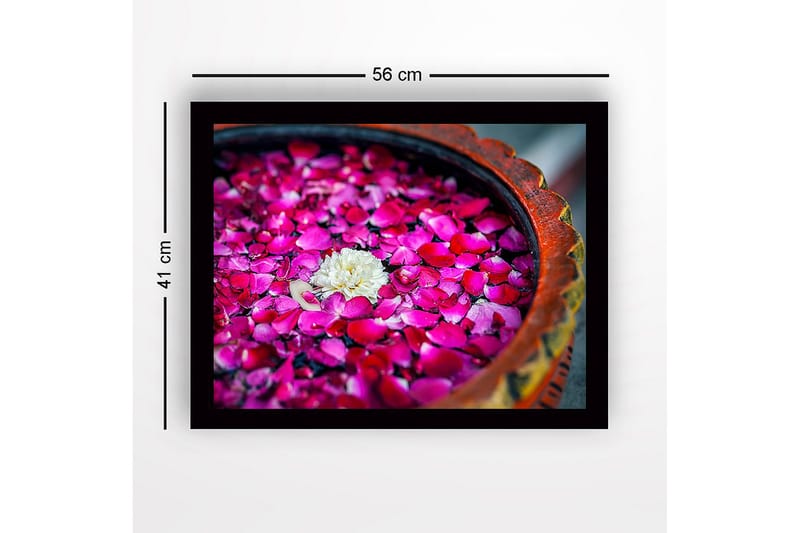 Inramad Canvastavla i trä - 41x56 cm - Vit blomma omgiven av rosa rosenblad i en skål - Rosa / Vit - Inredning - Tavlor & konst