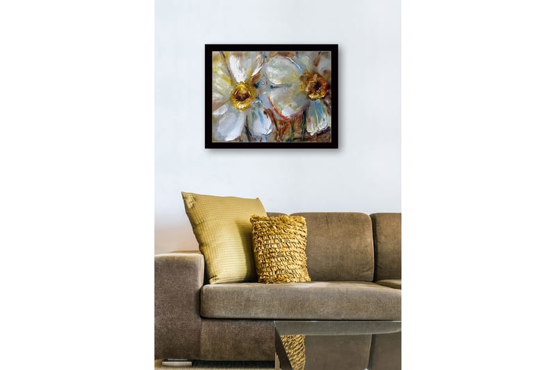 Inramad Canvastavla i trä - 41x56 cm - Vita blommor med gyllene mittpartier - Vit / Guld / Grön - Inredning - Tavlor & konst