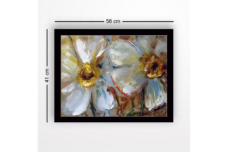 Inramad Canvastavla i trä - 41x56 cm - Vita blommor med gyllene mittpartier - Vit / Guld / Grön - Inredning - Tavlor & konst