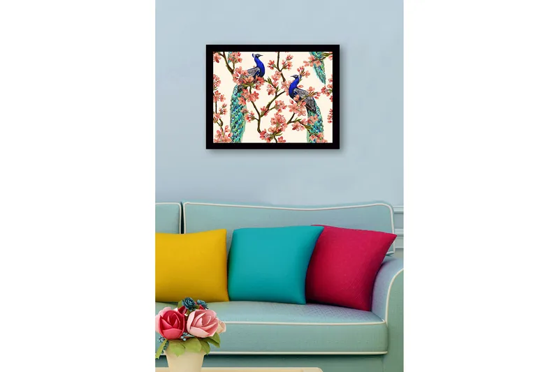 Inramad Canvastavla i trä - 41x56 cm - Påfåglar som sitter bland blommiga grenar - Blå / Rosa / Grön - Inredning - Tavlor & konst