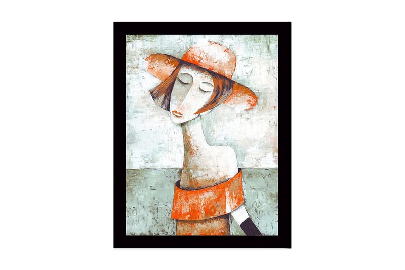 Inramad Canvastavla i trä - 41x56 cm - Porträtt av en kvinna med hatt och röd-orange klädsel - Grön / Röd-orange / Beige - Inredning - Tavlor & konst