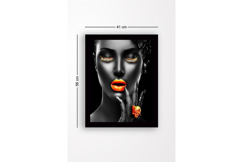 Inramad Canvastavla i trä - 41x56 cm - Porträtt av en kvinna med starka färger på läppar och ögonfransar - Orange / Svart - Inredning - Tavlor & konst
