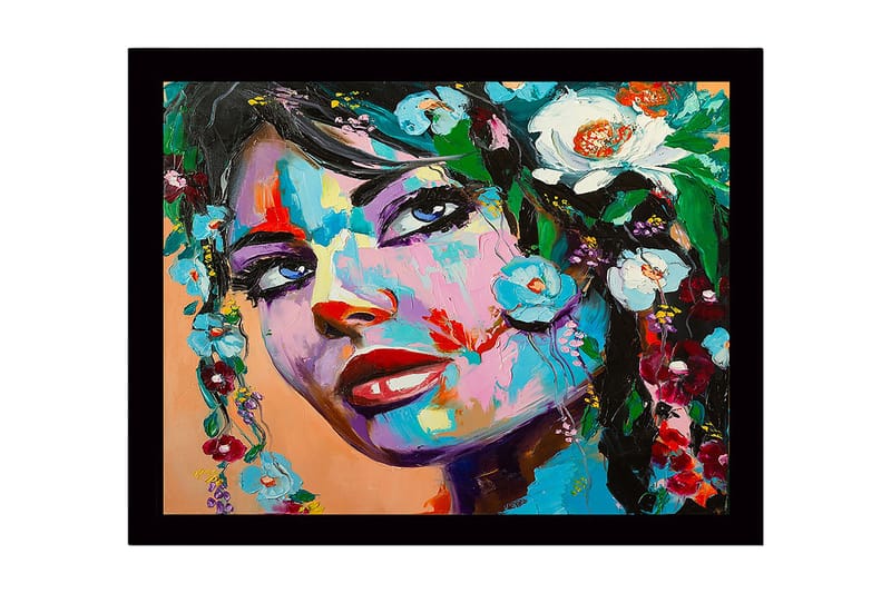 Inramad Canvastavla i trä - 41x56 cm - Porträtt av en kvinna med blomsterdekorationer i håret - Blå / Grön / Röd - Inredning - Tavlor & konst