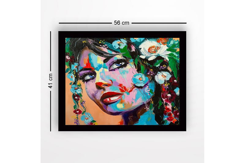 Inramad Canvastavla i trä - 41x56 cm - Porträtt av en kvinna med blomsterdekorationer i håret - Blå / Grön / Röd - Inredning - Tavlor & konst