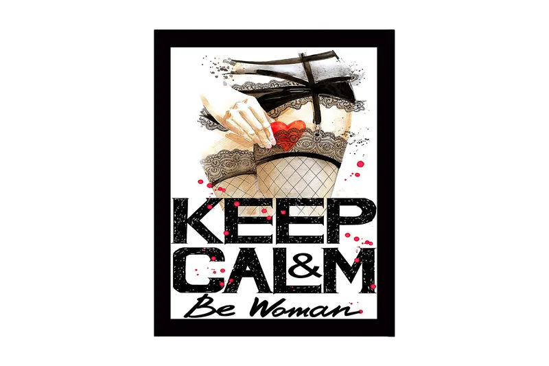 Inramad Canvastavla i trä - 41x56 cm - Provokativt motiv med en hand som håller ett hjärta i en strumpbyxa, Röd / Svart / Beige