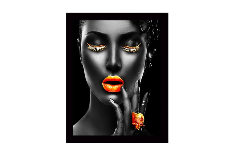 Inramad Canvastavla i trä - 41x56 cm - Porträtt av en kvinna med starka färger på läppar och ögonfransar, Orange / Svart