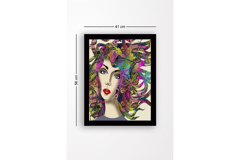 Inramad Canvastavla i trä - 41x56 cm - Porträtt av en kvinna med färgstarka, svallande hårstrån - Lila / Grön / Rosa - Inredning - Tavlor & konst