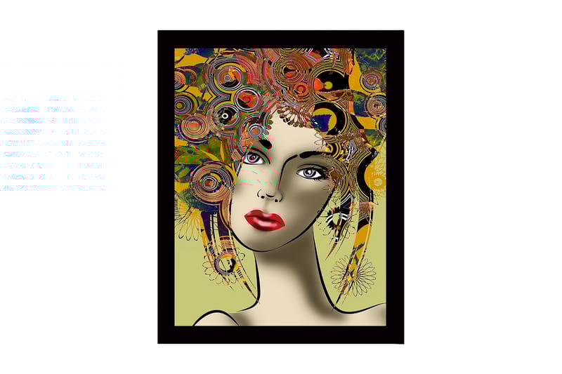 Inramad Canvastavla i trä - 41x56 cm - Porträtt av en kvinna med färgglad frisyr och starka drag, Röd / Gul / Grön