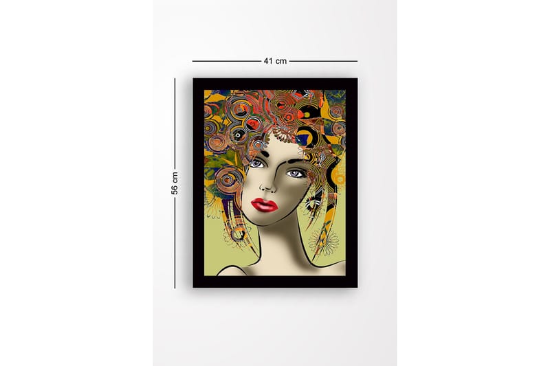 Inramad Canvastavla i trä - 41x56 cm - Porträtt av en kvinna med färgglad frisyr och starka drag - Röd / Gul / Grön - Inredning - Tavlor & konst