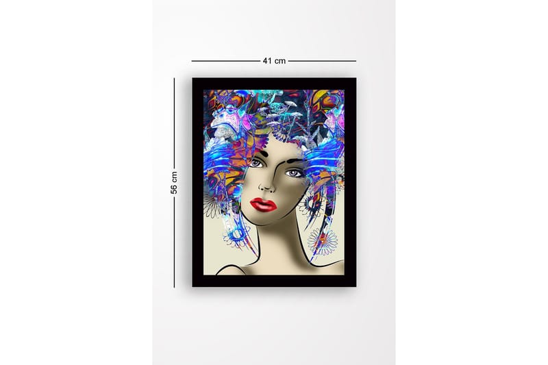 Inramad Canvastavla i trä - 41x56 cm - Porträtt av en kvinna med färgglad frisyr och starka drag - Blå / Röd / Lila - Inredning - Tavlor & konst