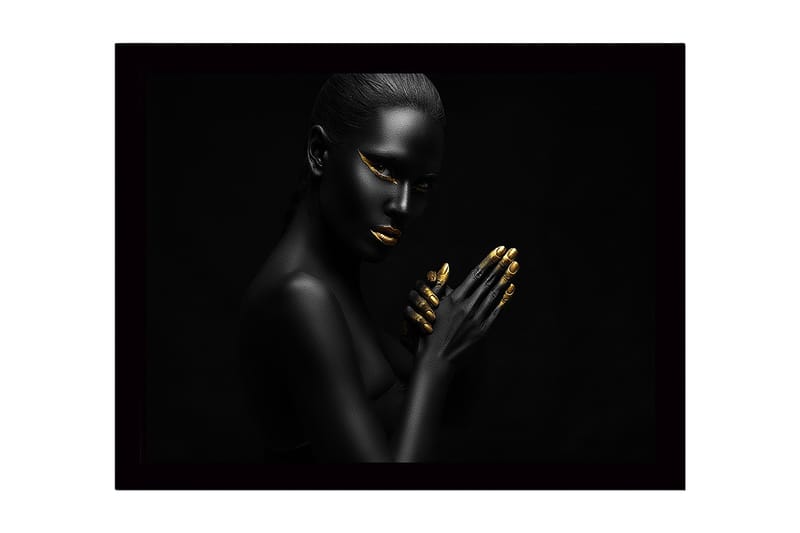 Inramad Canvastavla i trä - 41x56 cm - Porträtt av en kvinna med svart hud och guldiga detaljer - Svart / Guld - Inredning - Tavlor & konst