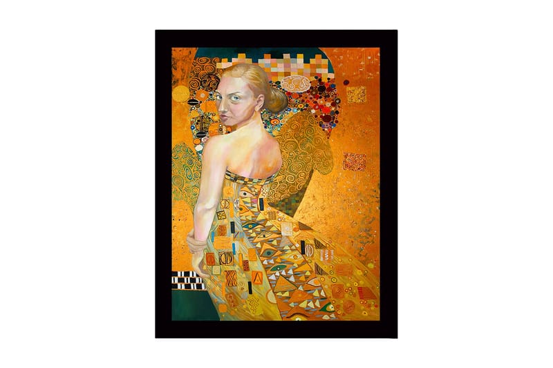 Inramad Canvastavla i trä - 41x56 cm - Porträtt av en kvinna med en gyllene klänning och detaljerade mönster - Guld / Beige / Grön - Inredning - Tavlor & konst