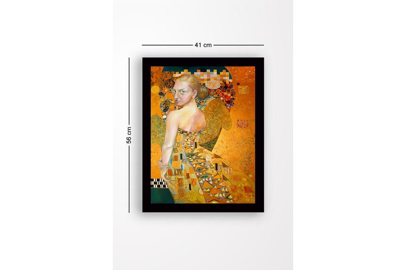 Inramad Canvastavla i trä - 41x56 cm - Porträtt av en kvinna med en gyllene klänning och detaljerade mönster - Guld / Beige / Grön - Inredning - Tavlor & konst