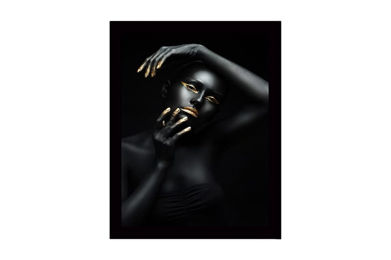 Inramad Canvastavla i trä - 41x56 cm - Porträtt av en kvinna med svart kroppsmålning och guldiga detaljer, Svart / Guld