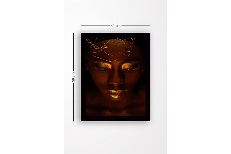Inramad Canvastavla i trä - 41x56 cm - Porträtt av en kvinna med gyllene detaljer och en mystisk uttryck - Mörkbrun / Guld - Inredning - Tavlor & konst
