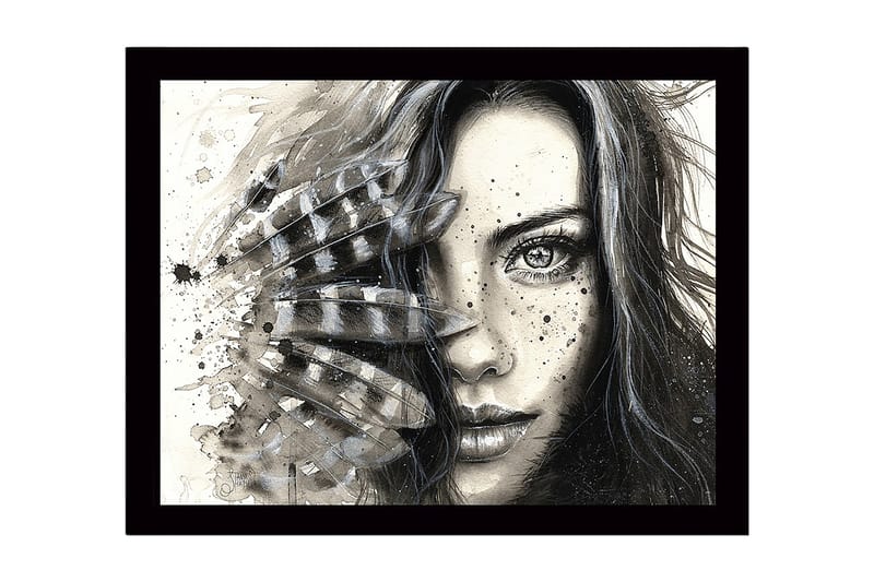 Inramad Canvastavla i trä - 41x56 cm - Porträtt av en kvinna med fjädrar och abstrakta inslag - Svart / Grå / Beige - Inredning - Tavlor & konst