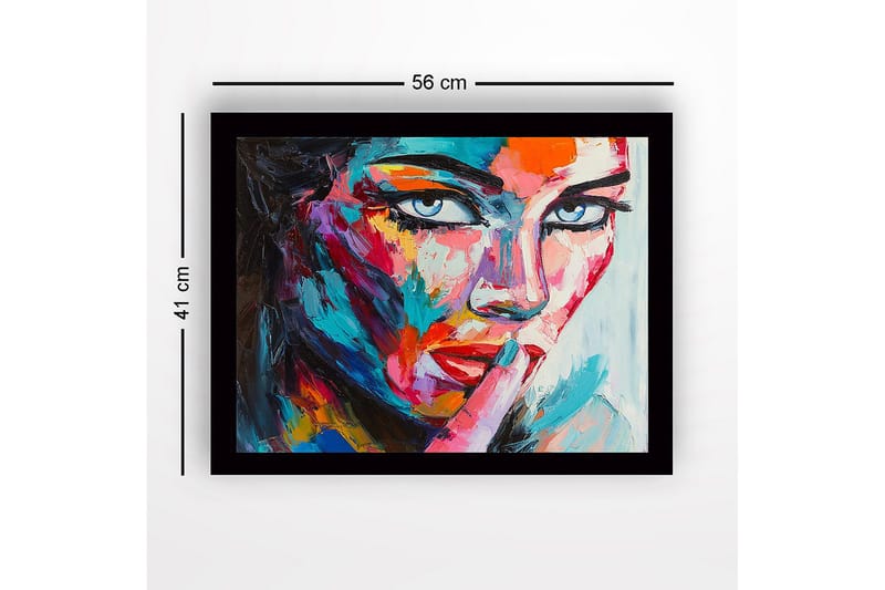 Inramad Canvastavla i trä - 41x56 cm - Porträtt av en kvinna med en mystisk gest - Blå / Röd / Rosa - Inredning - Tavlor & konst