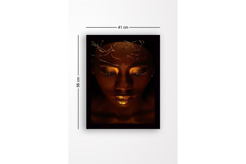 Inramad Canvastavla i trä - 41x56 cm - Porträtt av en kvinna med gyllene detaljer och en mystisk uttryck - Mörkbrun / Guld - Inredning - Tavlor & konst
