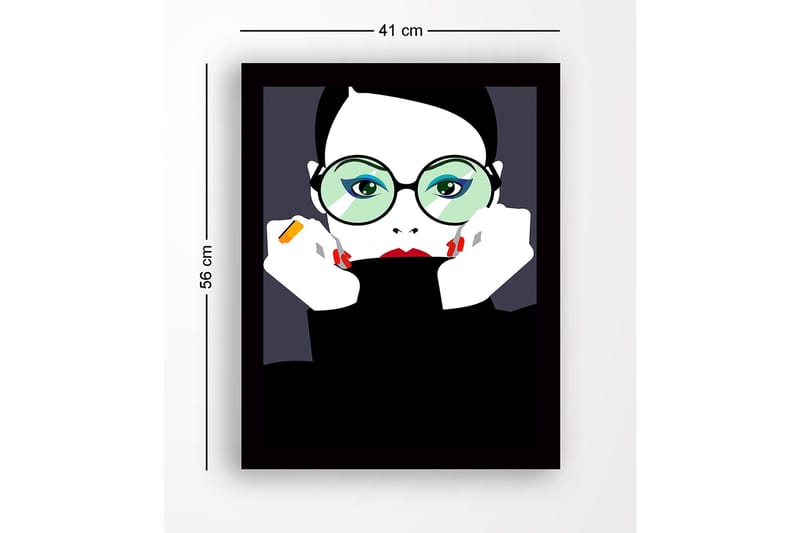 Inramad Canvastavla i trä - 41x56 cm - Porträtt av en kvinna med stora glasögon och röd läppstift - Svart / Vit / Grön - Inredning - Tavlor & konst