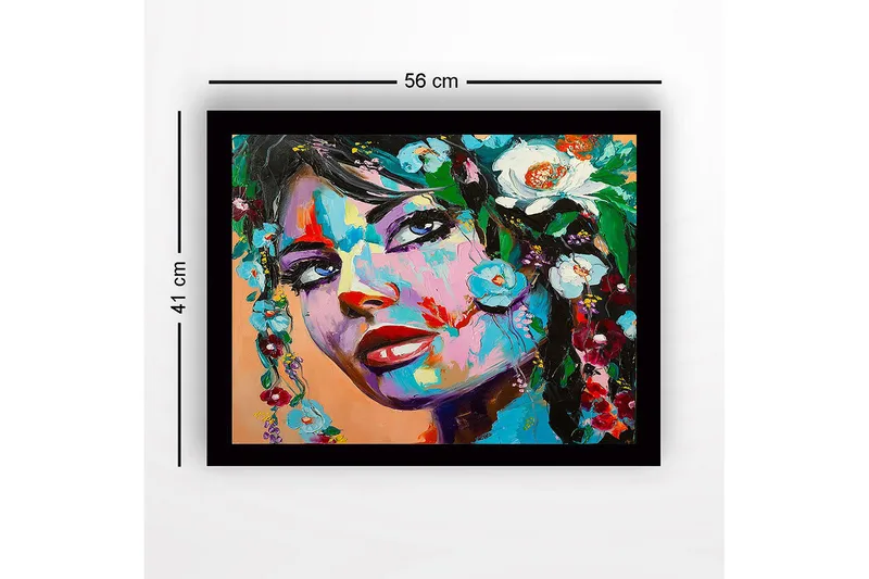 Inramad Canvastavla i trä - 41x56 cm - Porträtt av en kvinna med blomsterdekorationer i håret - Blå / Grön / Röd - Inredning - Tavlor & konst